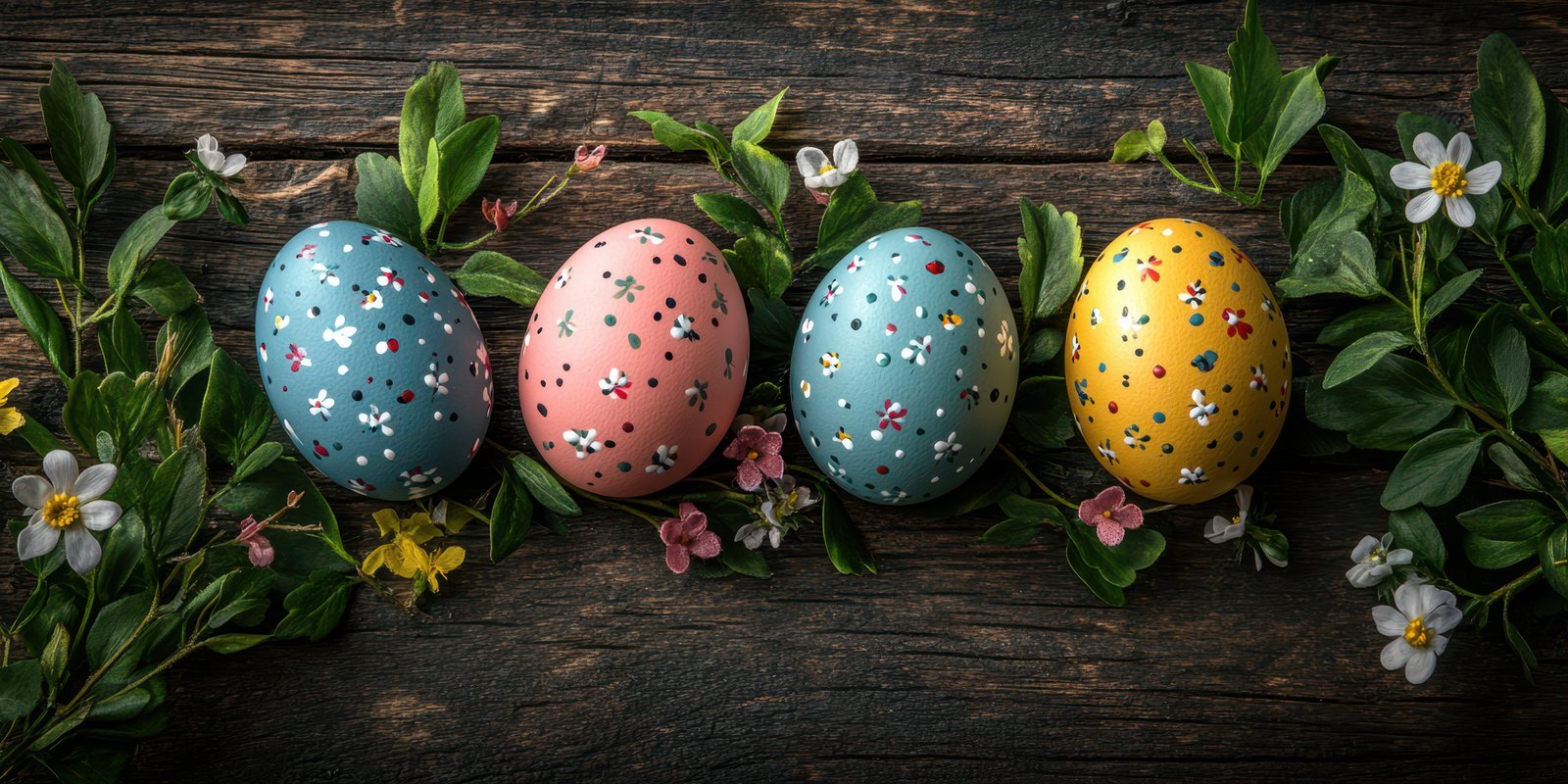 Colorful decorated eggs arranged on a rustic wooden table surrounded by fresh greenery and flowers for spring celebrations